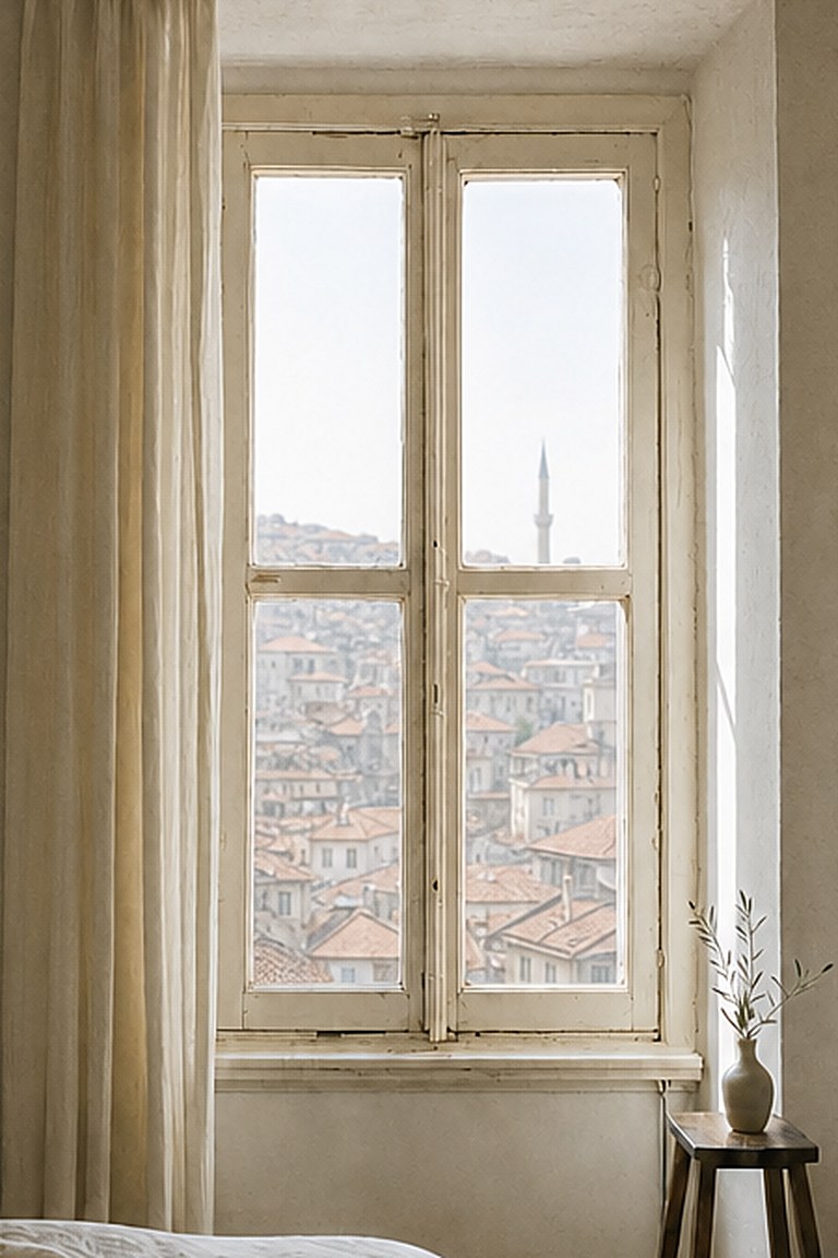 Eski, bakımlı bir apartman odasının penceresinden kiremit çatılara bakış; denizlikte zeytin dalı.