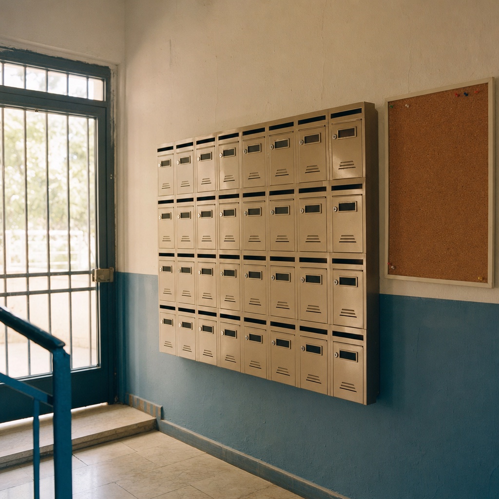 Apartman girişinde krem renkli posta kutuları ve yanında mantar duyuru panosu.